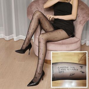 Funny Russian Text Letters Tattoo Printed Black Sheer Nylon Pantyhose Tights NEW